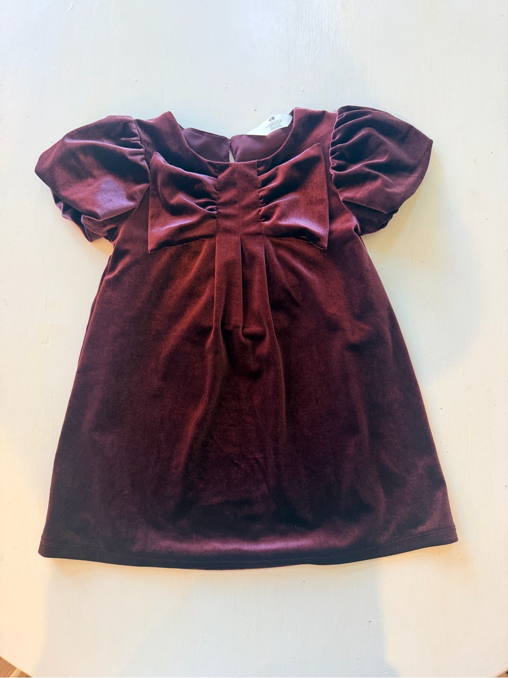 H&M Girls' Velvet Puff-Sleeve Dress in Burgundy